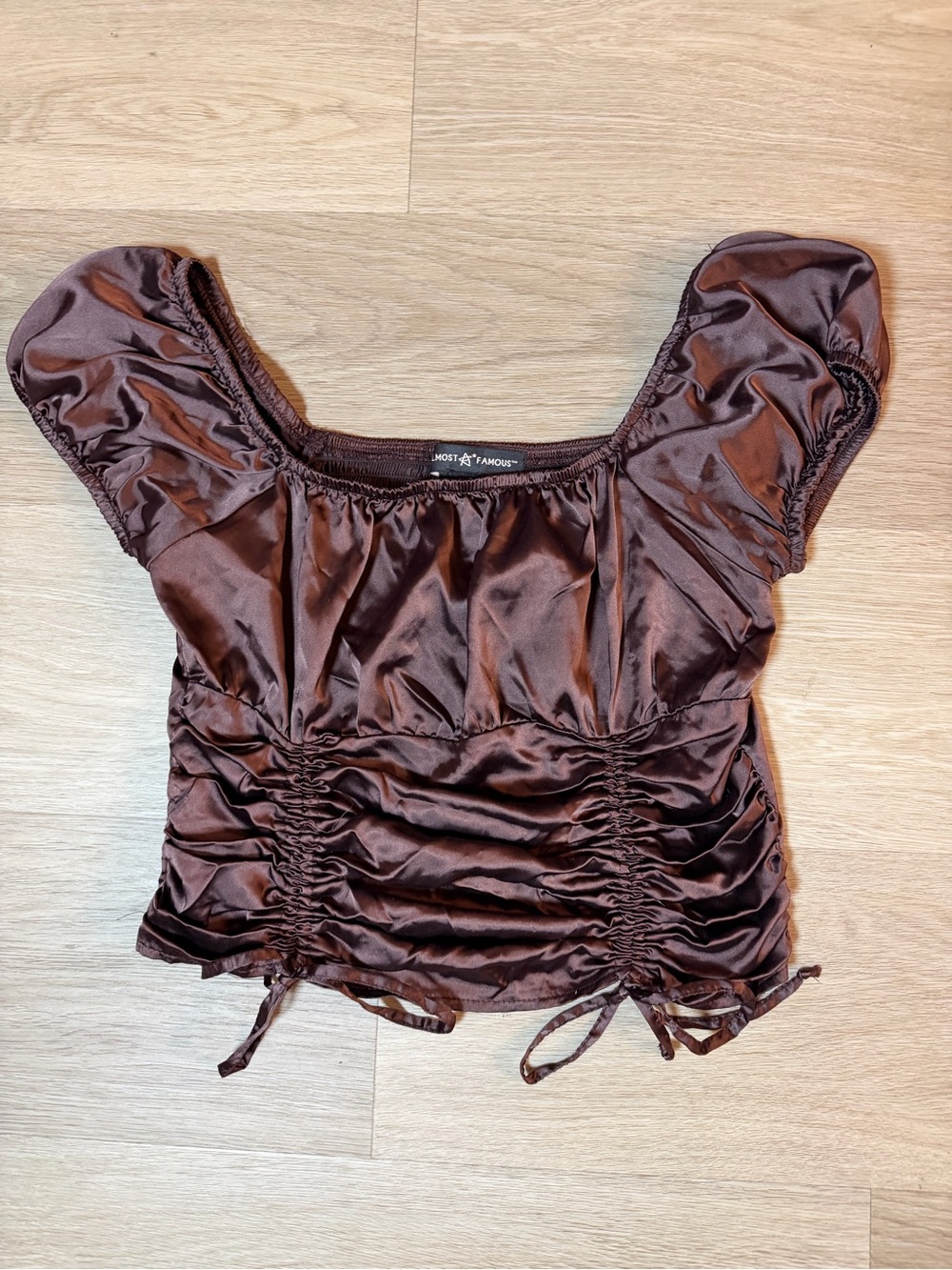 Almost Famous Chocolate Brown Satin Ruched Puff Sleeve Crop Top